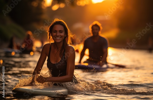A free-spirited woman rides the waves on her surfboard at sunset, the warm glow of the sun reflecting off the water as she gracefully maneuvers through the water, her vibrant swimsuit contrasting aga © LifeMedia