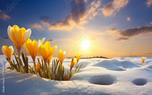 Nature lighting of spring landscape with first yellow tulips © Stormstudio