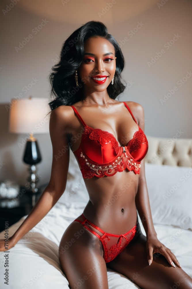 A woman with red lipstick and eyeshadow poses on a bed in red lingerie. A woman with red lipstick and eyeshadow poses on a bed in red lingerie.