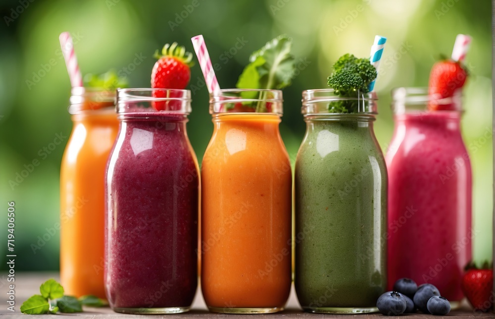 Row of healthy fresh fruit and vegetable smoothies in glass bottles with straws Row of healthy fresh fruit and vegetable smoothies in glass bottles with straws