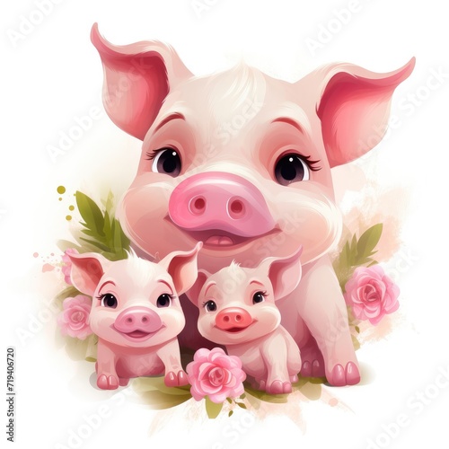 Illustration of a family of pigs, mother pig and piglets on a white background.