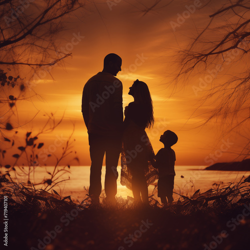 Silhouette of happy family watching a sunset. Generated with AI photo