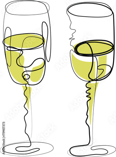 Two glasses with alcoholic beverage, champagne glasses, line art