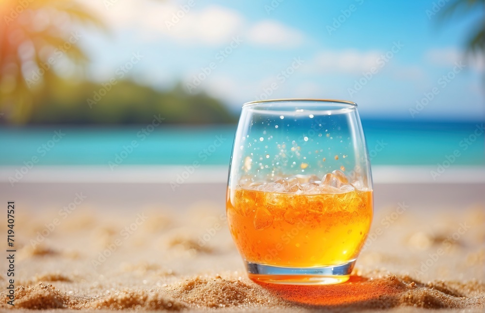 Glass mocktail on bright sand beach sunshine background Glass mocktail on bright sand beach sunshine background