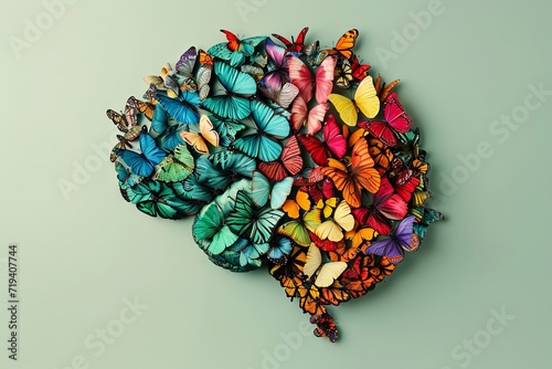Human brain made of multi-colored butterflies on light green background, concept of neurodiversity and mental problems photo