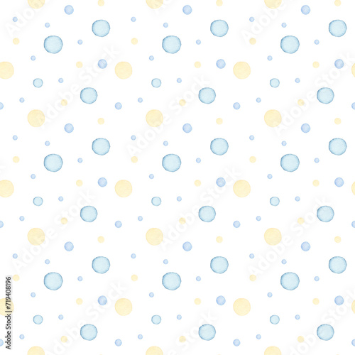 Blue polka dots baby pattern.Watercolor hand painted seamless pattern for baby boy.