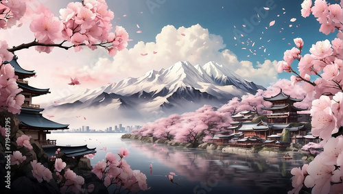 An idyllic portrayal of a tranquil Japanese pagoda beside a calm lake, enveloped by blooming pink cherry blossoms with majestic mountains in the backdrop