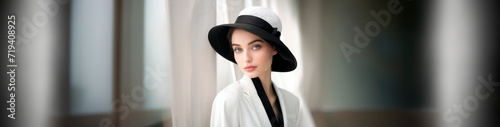 Banner with close-up portrait of a young beautiful girl with elegant makeup, in an elegant hat, beautiful portrait with blurred background.The girl at the horse race cheer for horses they have just