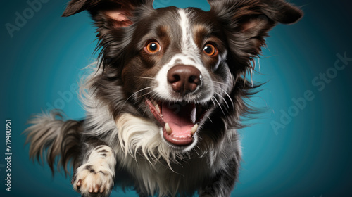 Joyful dog with vibrant expression running towards the camera, color backdrop © Top AI images