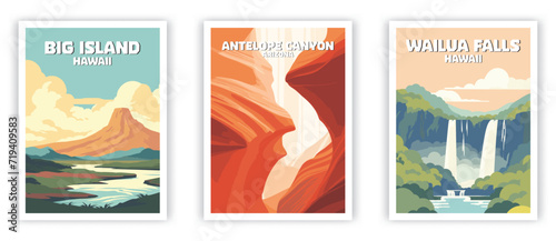 Big Island, Wailua Falls, Antelope Canyon Illustration Art. Travel Poster Wall Art. Minimalist Vector art