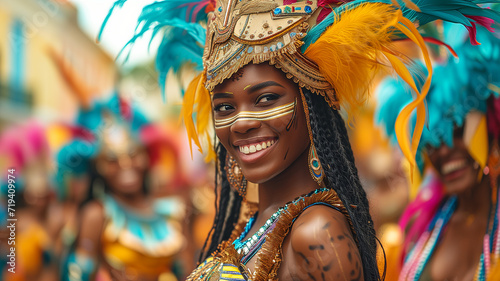 A vibrant and colorful scene from a Carnival parade with a beautiful woman