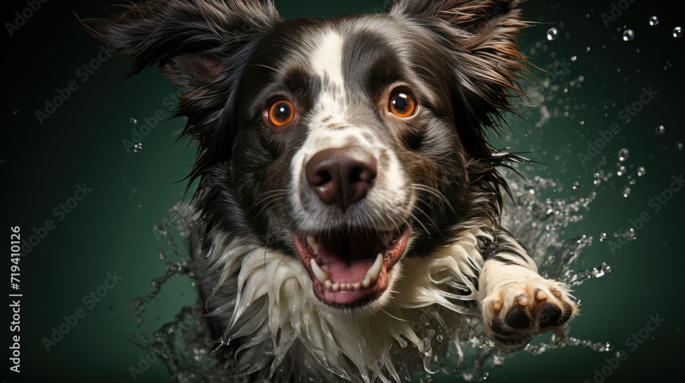 Energetic brown and white dog closeup portrait splashing through water