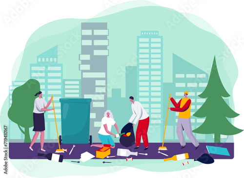 Volunteers cleaning park, picking up litter with cityscape behind. Diverse team working together in community service. Teamworking on urban cleanup, collecting garbage, showing environmental care.