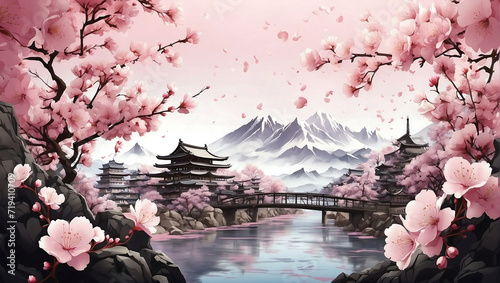 An idyllic portrayal of a tranquil Japanese pagoda beside a calm lake, enveloped by blooming pink cherry blossoms with majestic mountains in the backdrop