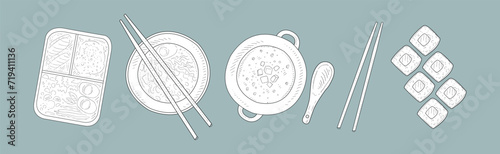 Tasty Asian Food with Sushi and Noodle Bowl Hand Drawn Vector Set