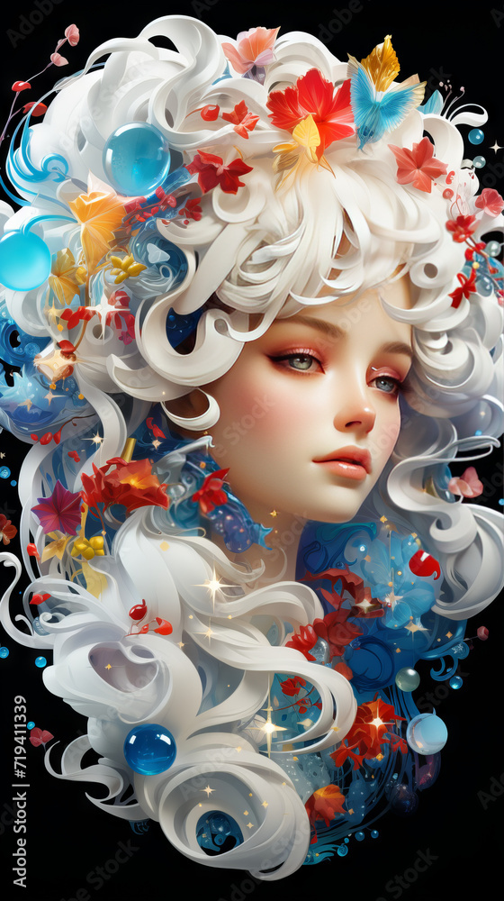 Fantasy Portrait of a Woman with Floral and Butterfly Hair

