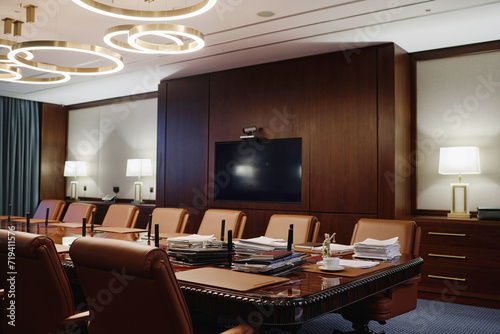 Cuadro en lienzo Interior of spacious boardroom for business meetings with wooden furniture and l