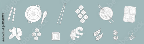 Tasty Asian Food with Sushi and Roll Hand Drawn Vector Set