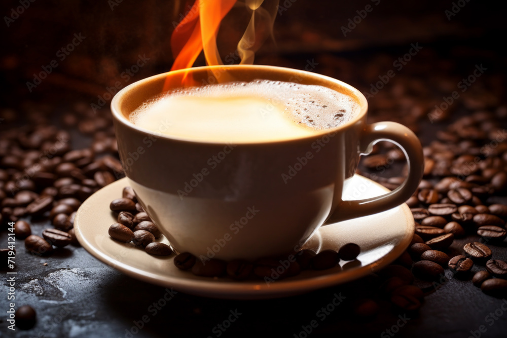 Dramatic image of a white coffee cup with a flaming hot beverage, surrounded by scattered coffee beans. Dramatic image of a white coffee cup with a flaming hot beverage, surrounded by scattered coffee beans.