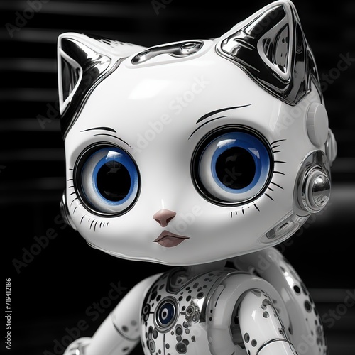 Robo white toy cat with blue eyes sitting on the floor © Ирина Малышкина
