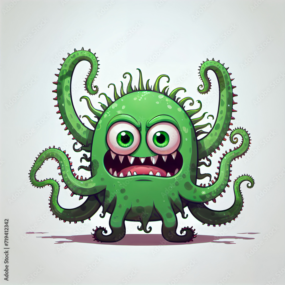 Fototapeta premium The Scary and Humorous Green Monster: A Fantasy Creation with Spikes, Tentacles, and Big Eyes.