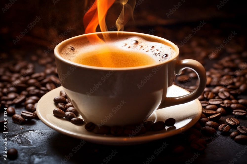 A steaming cup of coffee with a dramatic flame effect surrounded by roasted coffee beans.