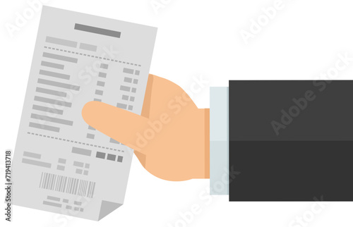 A hand presents a receipt from a store in flat design style (cut out)