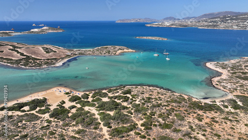 Aerial drone photo of paradise sandy beach of Livadi next to abandoned ruins of castle of Iraklia island, Small Cyclades islands, Greece