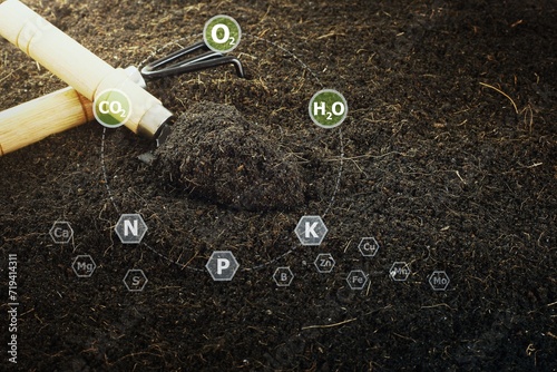 Close up fertile loamy soil for planting with 16 digital nutrients icon which necessary in plant life, Plant Nutrients, Macronutrients,Micronutrients. Agriculture concept photo