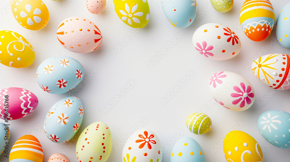 top view of a variation of colorful easter eggs, arranged in a circle, leaving the blank area in the middle isolated minimal white background