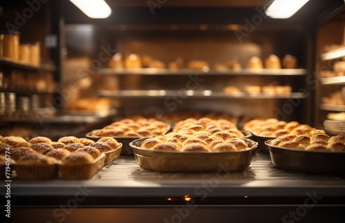 Hot freshly baked products on shelves and the oven