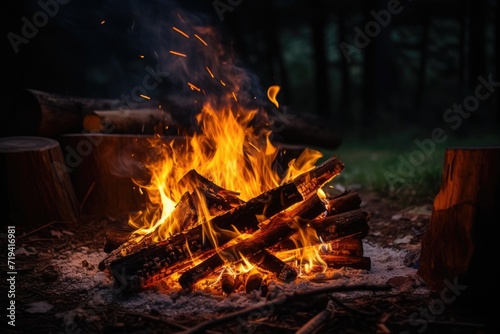 Campfire Flames: An Evening of Wood Burning in the Forest under the Twilight Sky