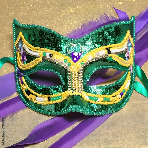 Ornate sequin Mardi Gras mask on purple and green satin ribbons and gold fabric