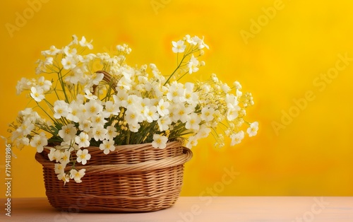 White flowers in wooden basket on yellow spring background © Stormstudio