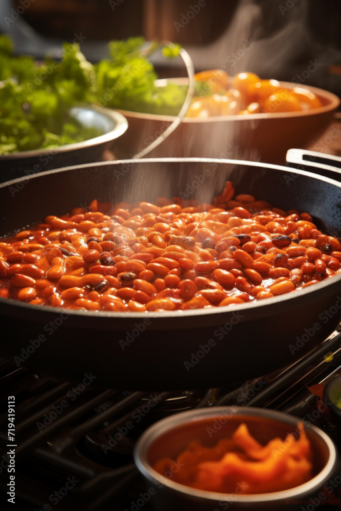 A pan of simmering beans with visible steam, prepared on a kitchen stove with fresh ingredients in the background.