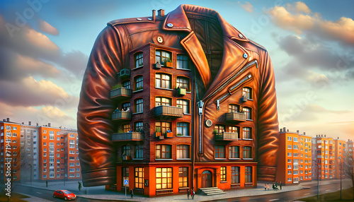 An absurd brick apartment building shaped like an enormous leather jacket, 2 levels of square windows as buttons, side pant pockets used as balconies, jacket collar creating a roof overhang, tenants photo