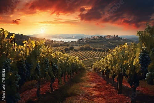 Vineyards in Tuscany, Italy, Beautiful landscape with vineyard at sunset