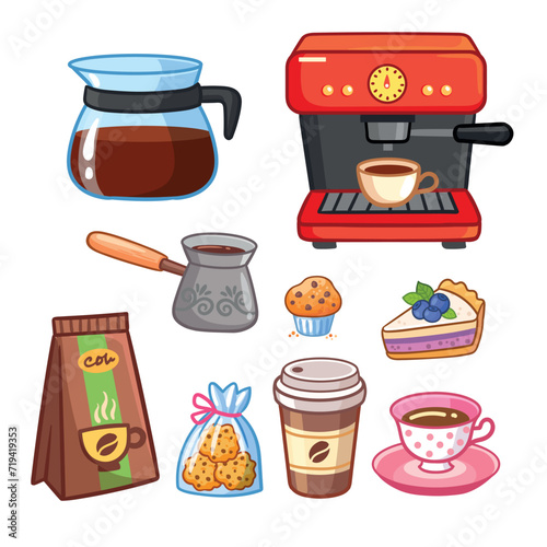 Set Coffee elements, tools, accessories. Brewing machine, grinder, turkish coffee pot, mug, takeaway paper cup, bags and desserts.
