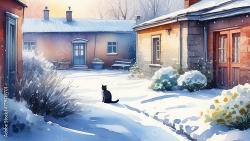 Old soviet Russian little garden courtyard illustration watercolor, winter snow, cat sitting in front. for print, postcard (greeting card) © Natali9yarova