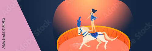 Female circus performer riding white horse in arena. Woman in show costume on galloping steed. Circus show, equestrian acrobatics vector illustration.