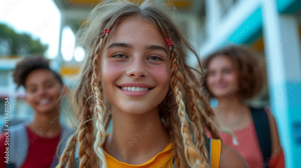 Fototapeta premium Happy multiracial students, concept of learning, college, teenagers
