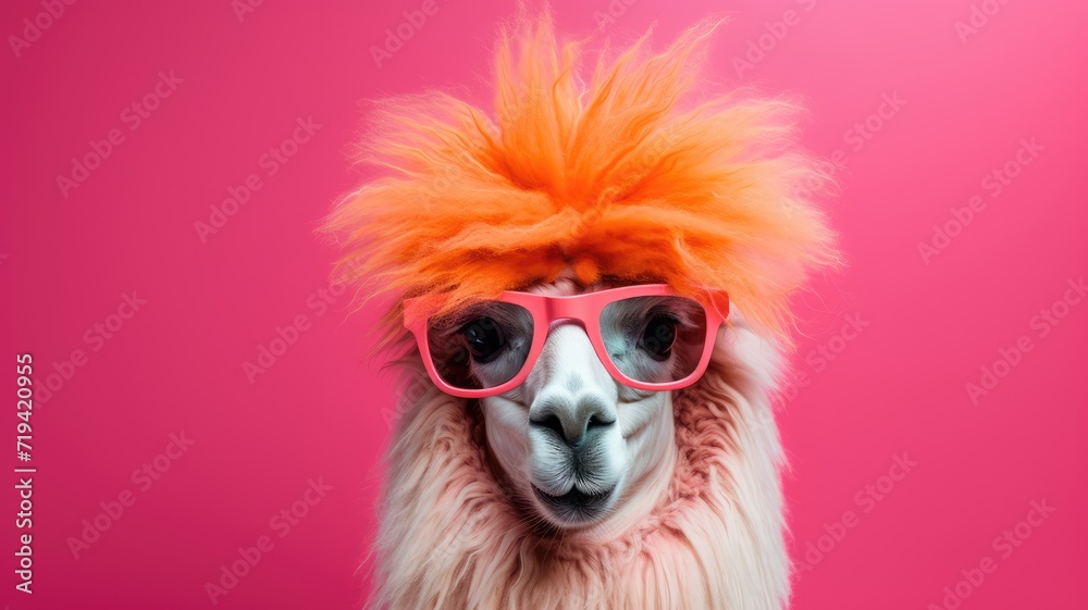 A llama wearing a vivid orange wig and fashionable sunglasses stands in a field.