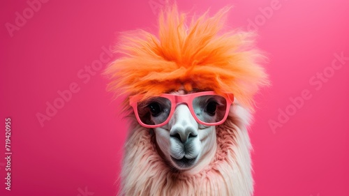 A llama wearing a vivid orange wig and fashionable sunglasses stands in a field. © pham