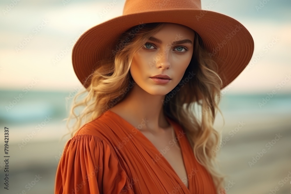 A woman stands on a beach, wearing a brown hat. A woman stands on a beach, wearing a brown hat.