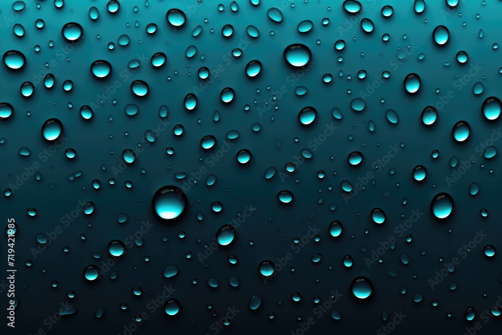 Rain drops trickle down a windowpane against a backdrop of vibrant blue.
