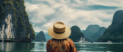 A woman wearing a wide-brimmed hat looks out over a large body of water with a contemplative expression.