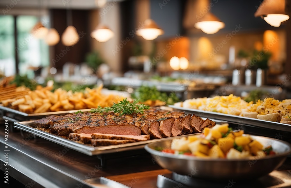 Catering buffet food indoor in restaurant with grilled meat