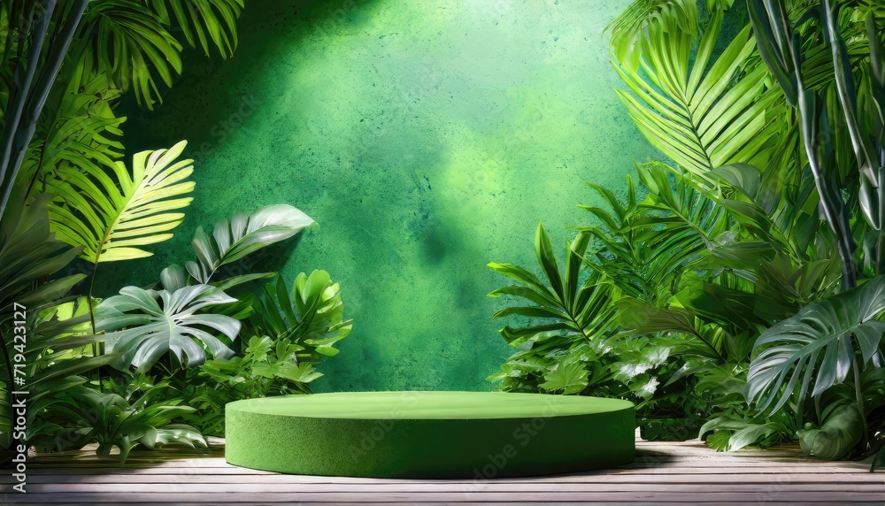 Premium Quality Green podium in tropical forest for product presentation and green wall background. Ai Generative Premium Quality Green podium in tropical forest for product presentation and green wall background. Ai Generative