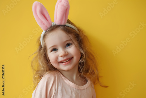 Portrait of cute little smiling girl wears pink toy bunny ears against yellow background