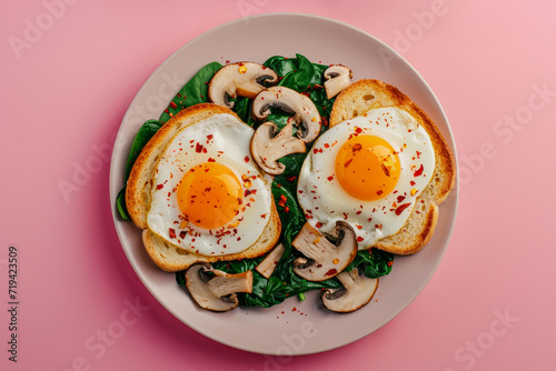 Sunny-side-up eggs  with mushrooms and spinach, served with toast. Pink color background. top view.